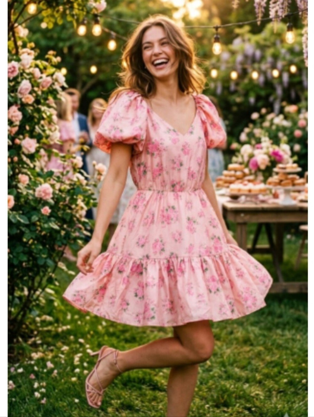 LoveShackFancy × Target Cecile Pink Satin Floral Rose Tiered Mini Dress Size 18